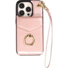 Coque iPhone 15 Pro - Etui élégant look cuir DeLuxe avec portefeuille + anneau de support - Rose