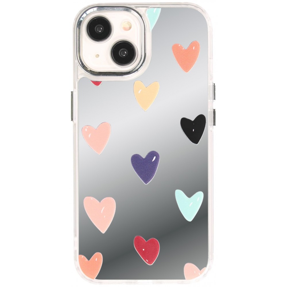 Coque iPhone 14 - Silicone transparent Many Hearts avec effet miroir