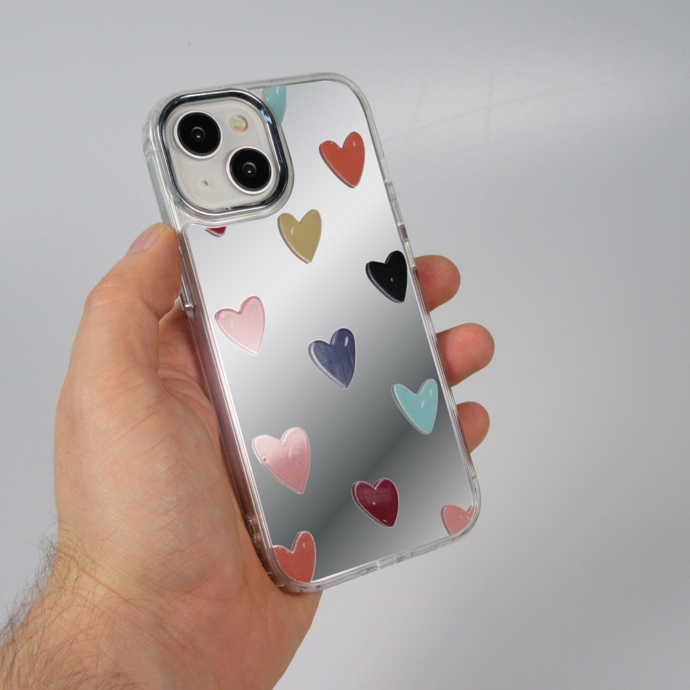 Coque iPhone 14 - Silicone transparent Many Hearts avec effet miroir