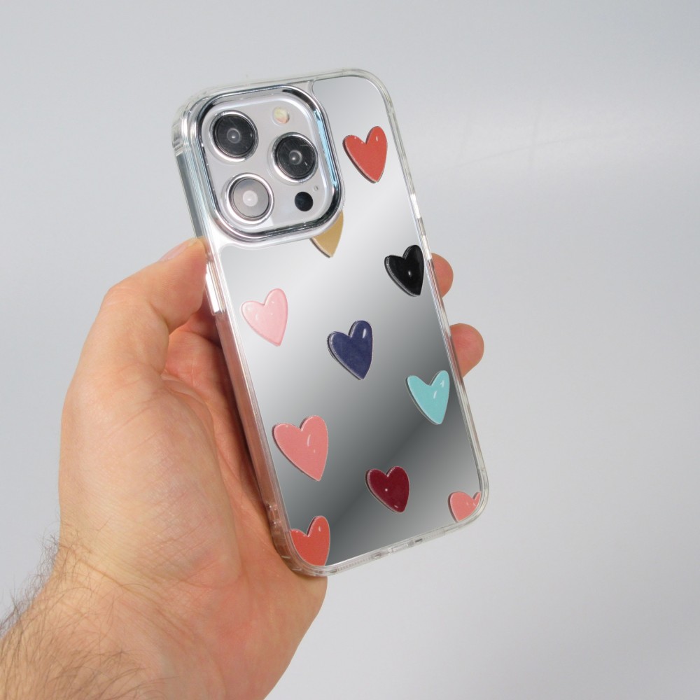 Coque iPhone 14 Pro - Silicone transparent Many Hearts avec effet miroir