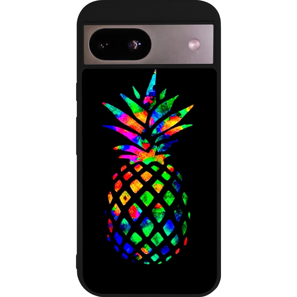 Coque Google Pixel 8a - Silicone rigide noir Ananas Multi-colors