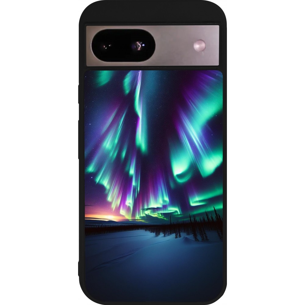 Coque Google Pixel 8a - Silicone rigide noir Aurore Boréale Étincelante