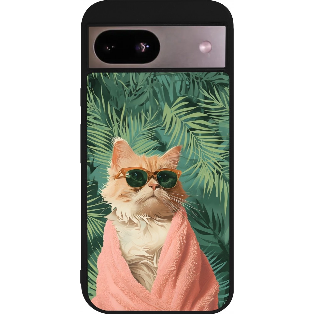 Coque Google Pixel 8a - Silicone rigide noir Cat Summer Palms