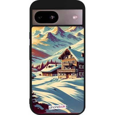 Coque Google Pixel 8a - Silicone rigide noir Chalet montagne enneigée