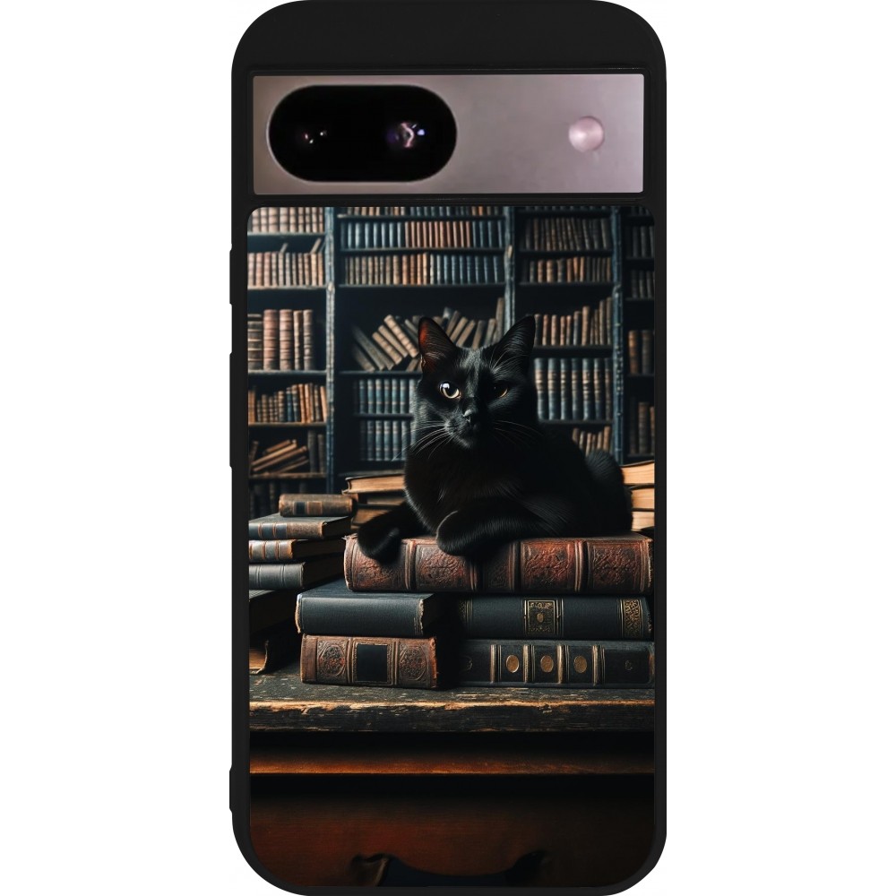 Coque Google Pixel 8a - Silicone rigide noir Chat livres sombres