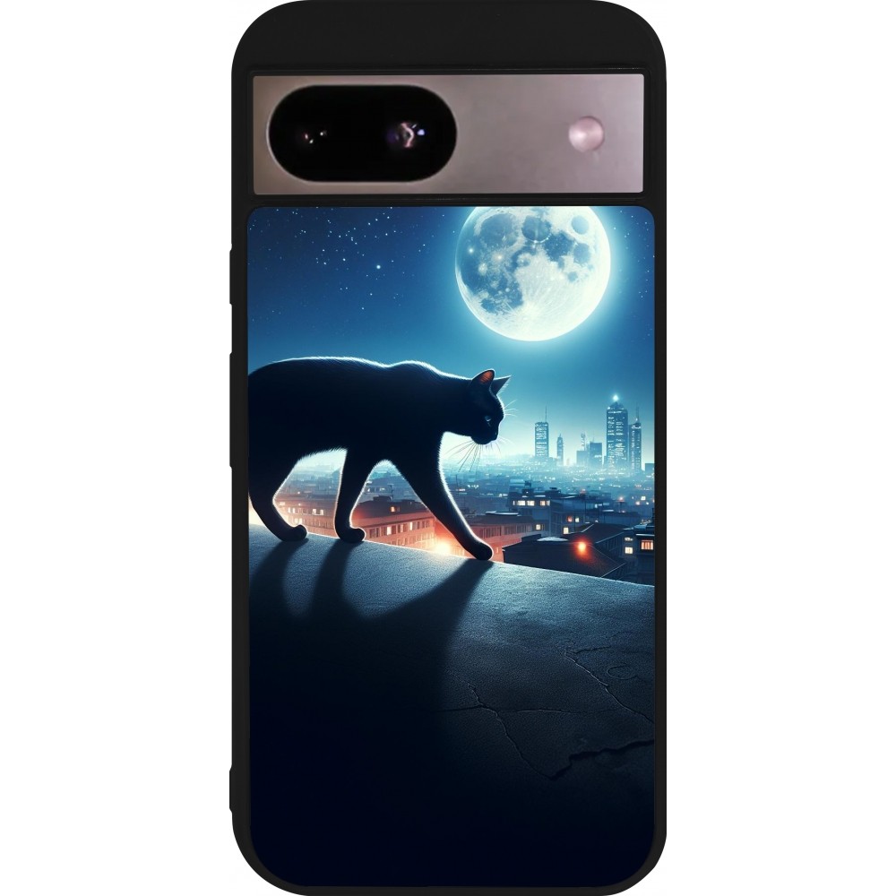 Coque Google Pixel 8a - Silicone rigide noir Chat noir sous la pleine lune