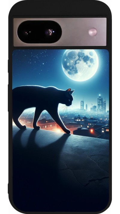 Coque Google Pixel 8a - Silicone rigide noir Chat noir sous la pleine lune