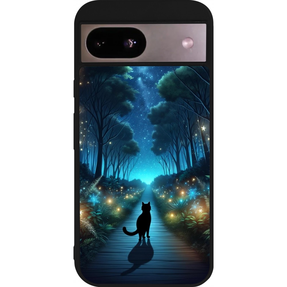 Coque Google Pixel 8a - Silicone rigide noir Chat noir promenade