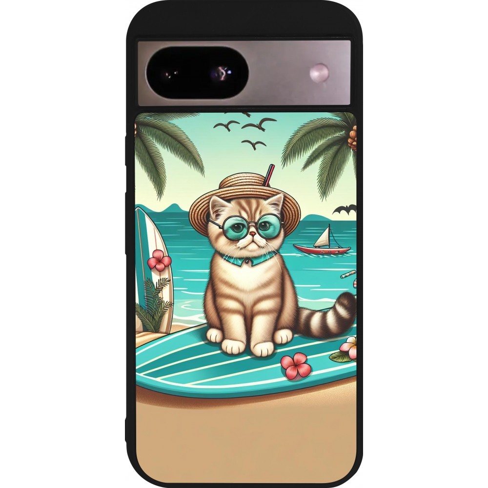 Coque Google Pixel 8a - Silicone rigide noir Chat Surf Style