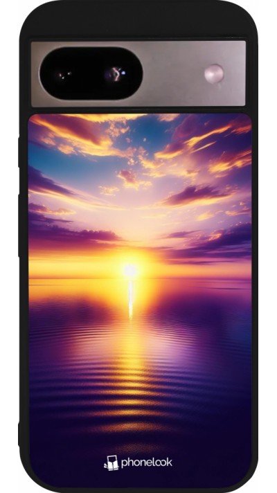 Coque Google Pixel 8a - Silicone rigide noir Coucher soleil jaune violet