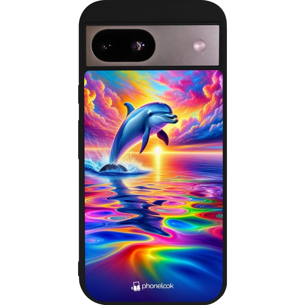 Coque Google Pixel 8a - Silicone rigide noir Dauphin arc-en-ciel heureux