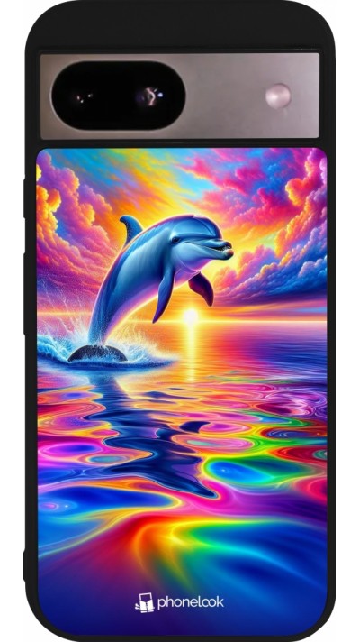 Coque Google Pixel 8a - Silicone rigide noir Dauphin arc-en-ciel heureux