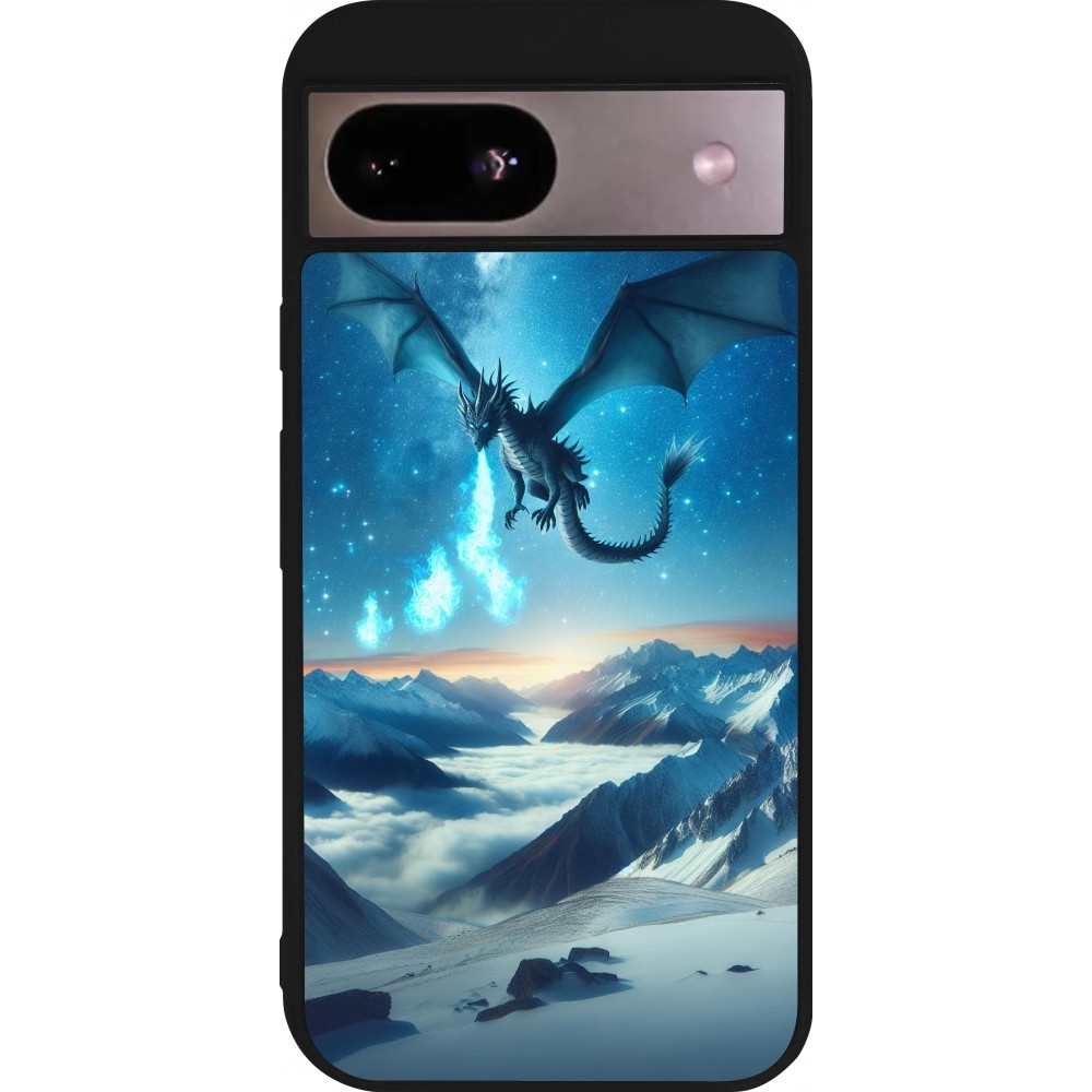 Coque Google Pixel 8a - Silicone rigide noir Dragon nocturne montagne