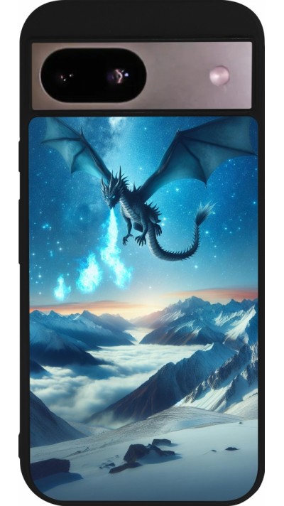 Coque Google Pixel 8a - Silicone rigide noir Dragon nocturne montagne