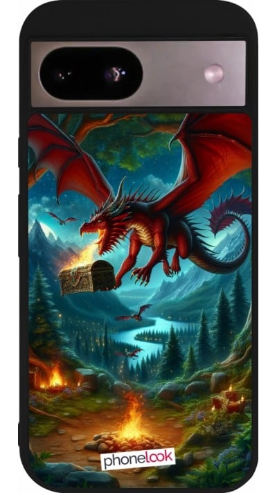 Coque Google Pixel 8a - Silicone rigide noir Dragon Volant Forêt Trésor