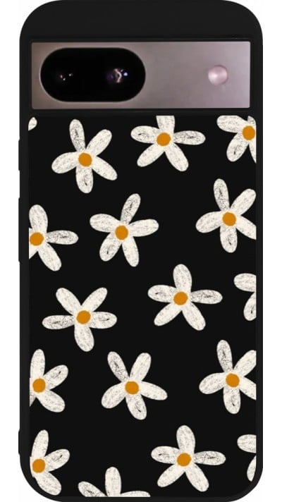 Coque Google Pixel 8a - Silicone rigide noir Easter 2024 white on black flower