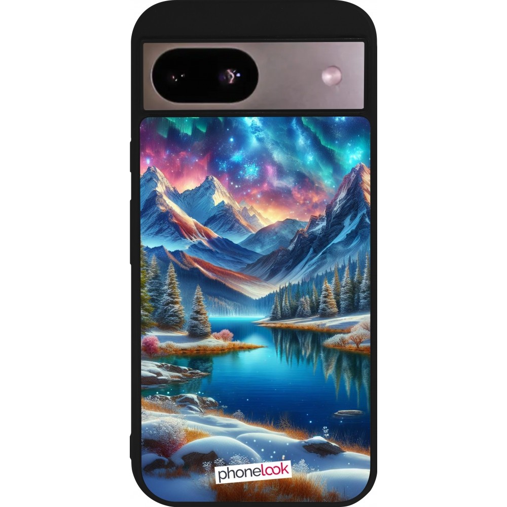 Coque Google Pixel 8a - Silicone rigide noir Fantasy Mountain Lake Sky Stars