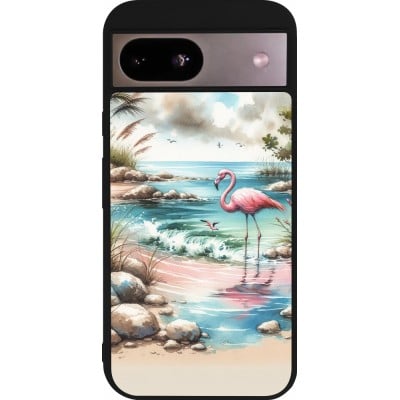 Coque Google Pixel 8a - Silicone rigide noir Flamant rose aquarelle