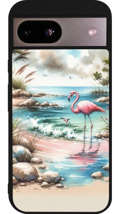 Coque Google Pixel 8a - Silicone rigide noir Flamant rose aquarelle