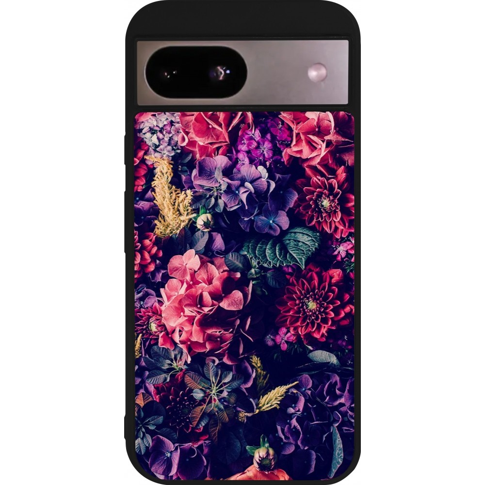 Coque Google Pixel 8a - Silicone rigide noir Flowers Dark