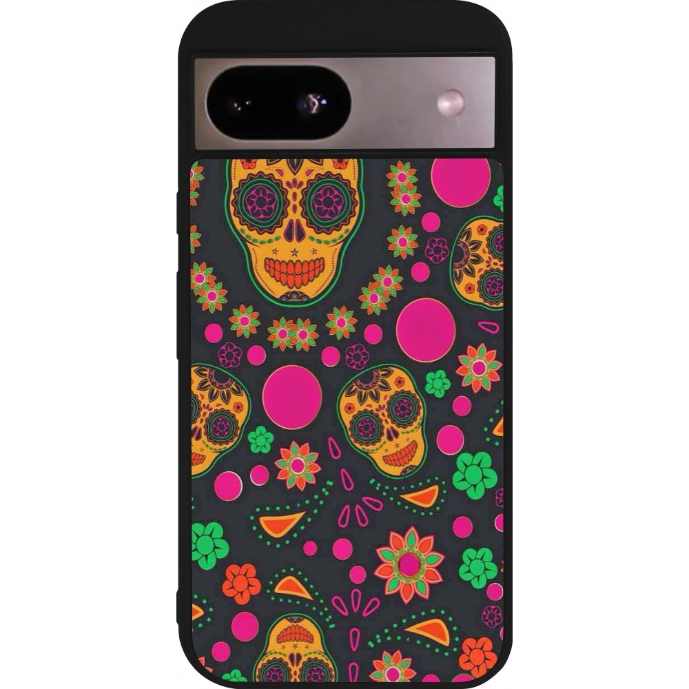 Coque Google Pixel 8a - Silicone rigide noir Halloween 22 colorful mexican skulls