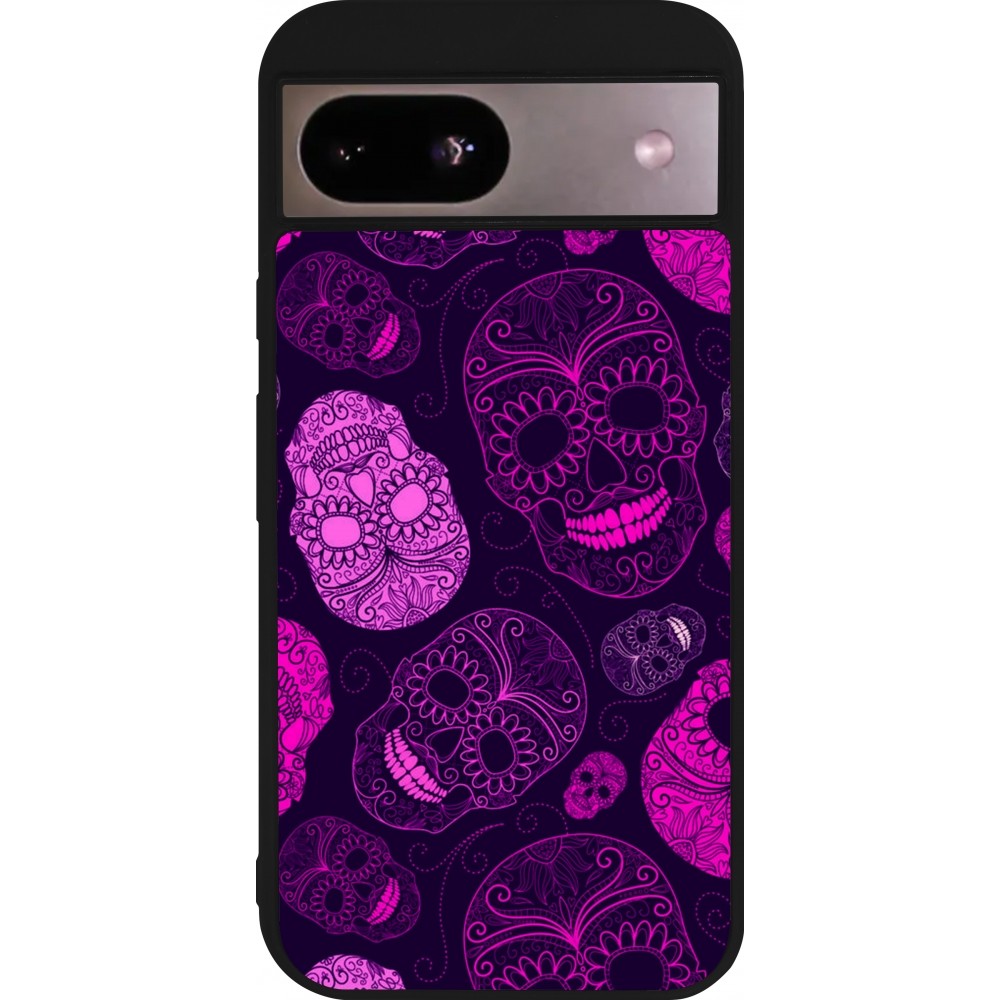 Coque Google Pixel 8a - Silicone rigide noir Halloween 2023 pink skulls