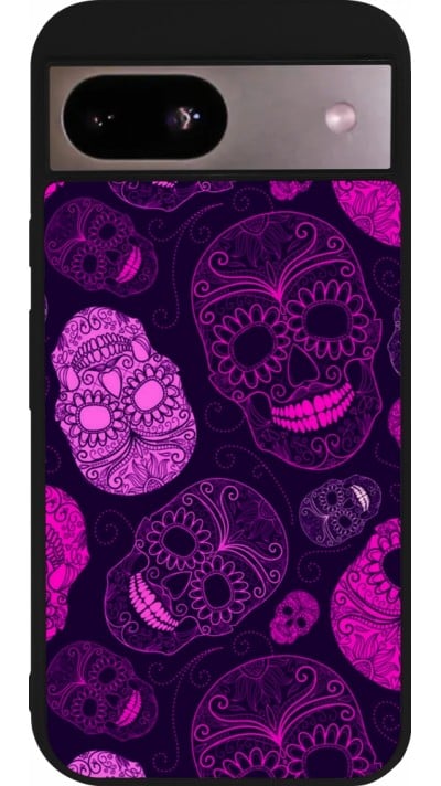 Coque Google Pixel 8a - Silicone rigide noir Halloween 2023 pink skulls