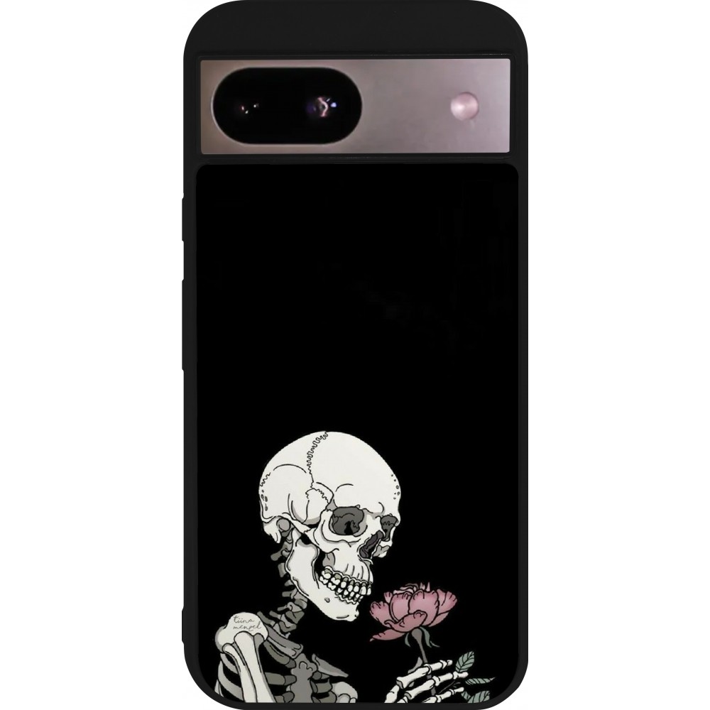 Coque Google Pixel 8a - Silicone rigide noir Halloween 2023 rose and skeleton