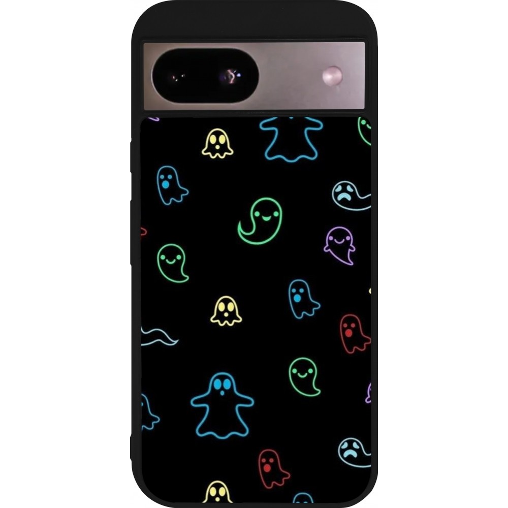 Coque Google Pixel 8a - Silicone rigide noir Halloween 2024 colorful ghosts