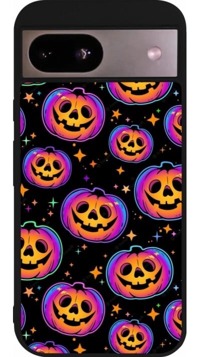 Coque Google Pixel 8a - Silicone rigide noir Halloween 2024 rainbow pumpkins