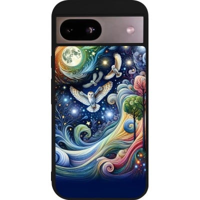 Coque Google Pixel 8a - Silicone rigide noir hibou volant floral