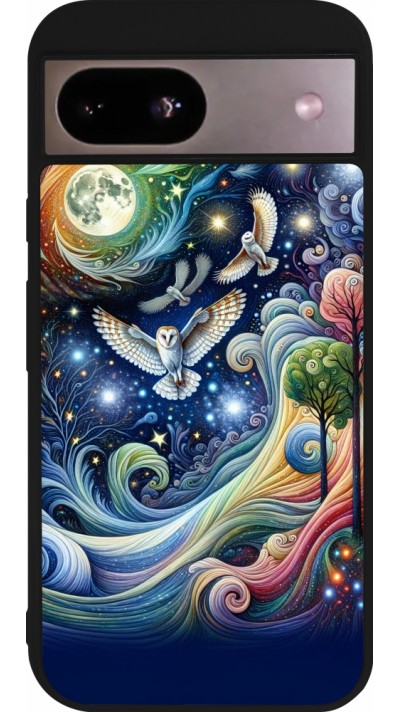 Coque Google Pixel 8a - Silicone rigide noir hibou volant floral