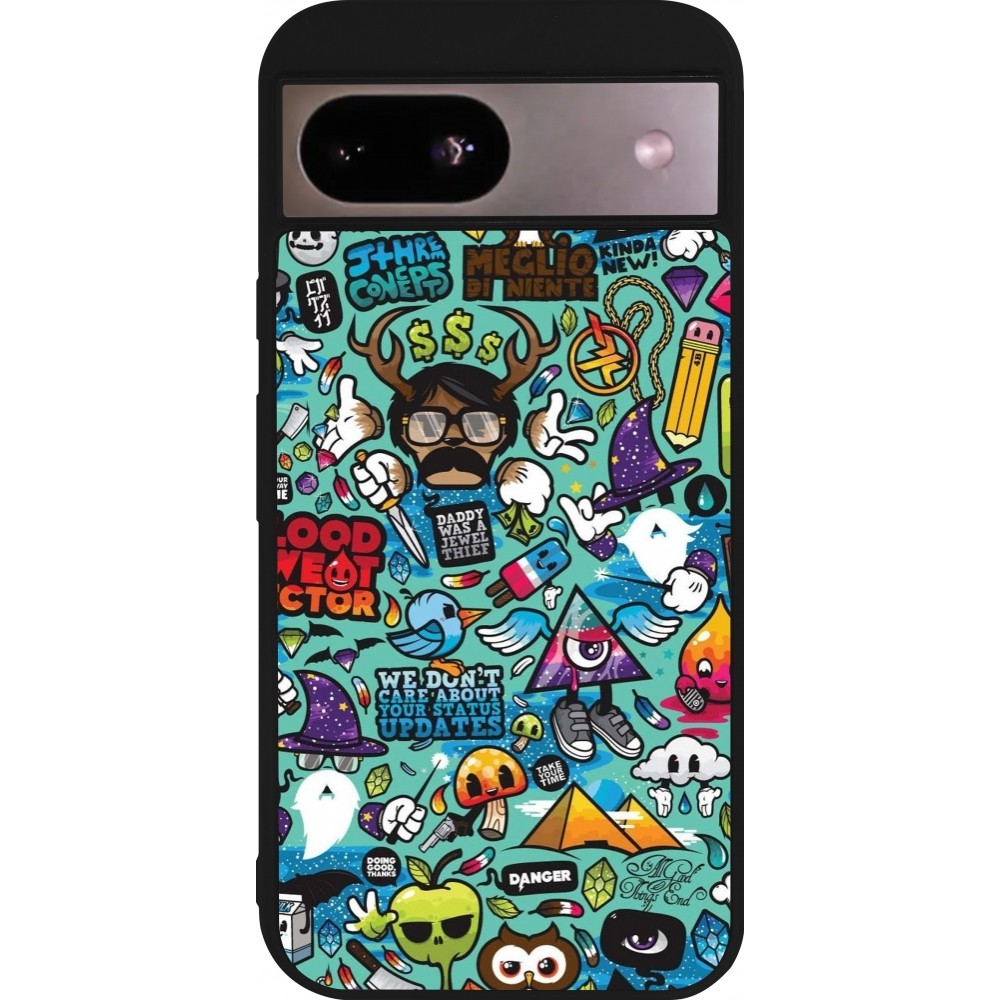 Coque Google Pixel 8a - Silicone rigide noir Mixed Cartoons Turquoise