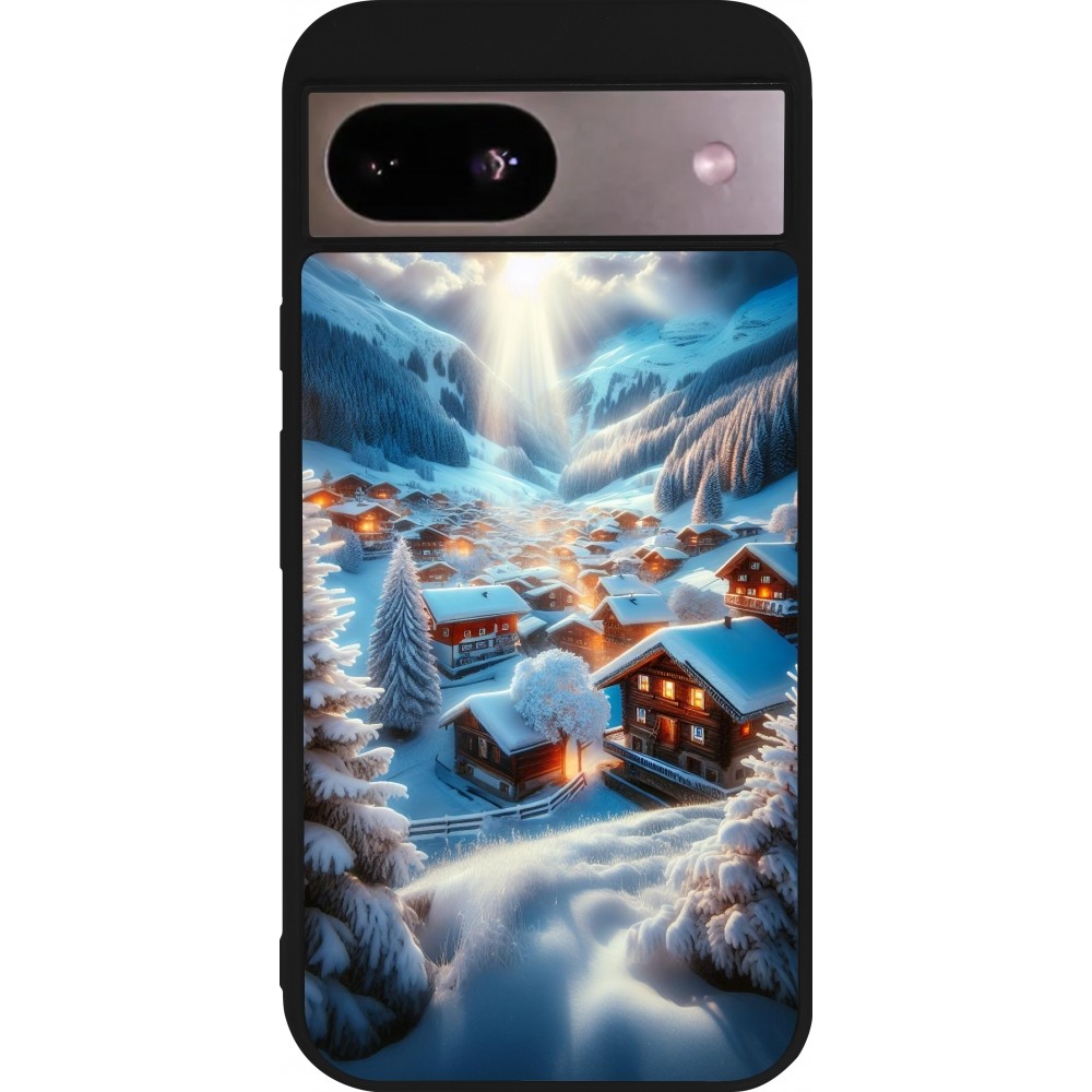 Coque Google Pixel 8a - Silicone rigide noir Mont Neige Lumière