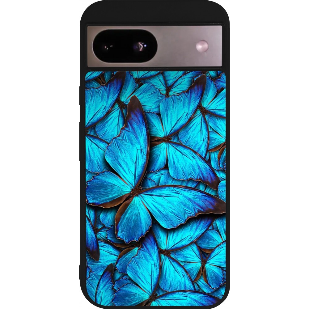 Coque Google Pixel 8a - Silicone rigide noir Papillon bleu