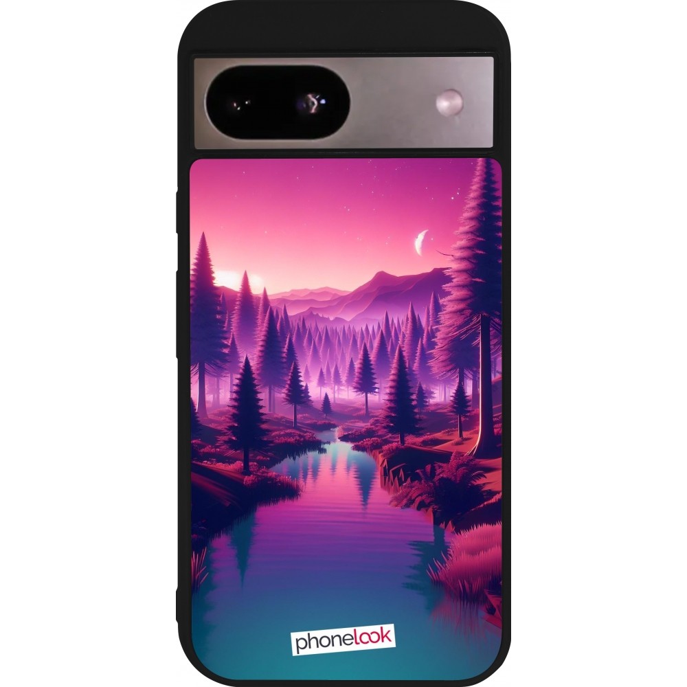 Coque Google Pixel 8a - Silicone rigide noir Paysage Violet-Rose