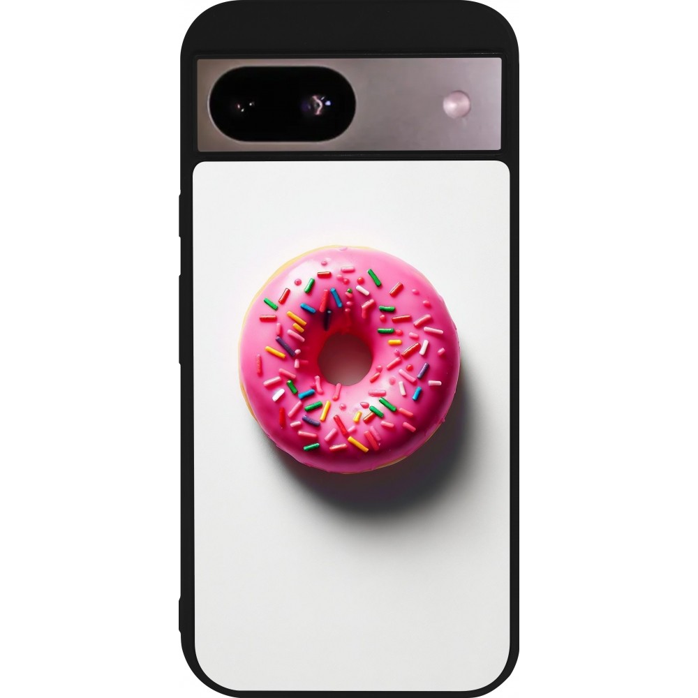 Coque Google Pixel 8a - Silicone rigide noir Weißer Hintergrund, pinker Donut