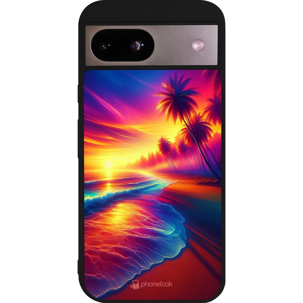 Coque Google Pixel 8a - Silicone rigide noir Plage coucher soleil flashy