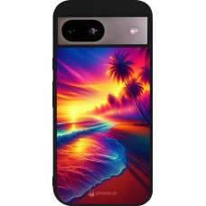 Coque Google Pixel 8a - Silicone rigide noir Plage coucher soleil flashy