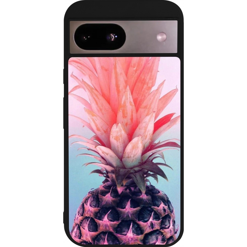 Coque Google Pixel 8a - Silicone rigide noir Purple Pink Pineapple