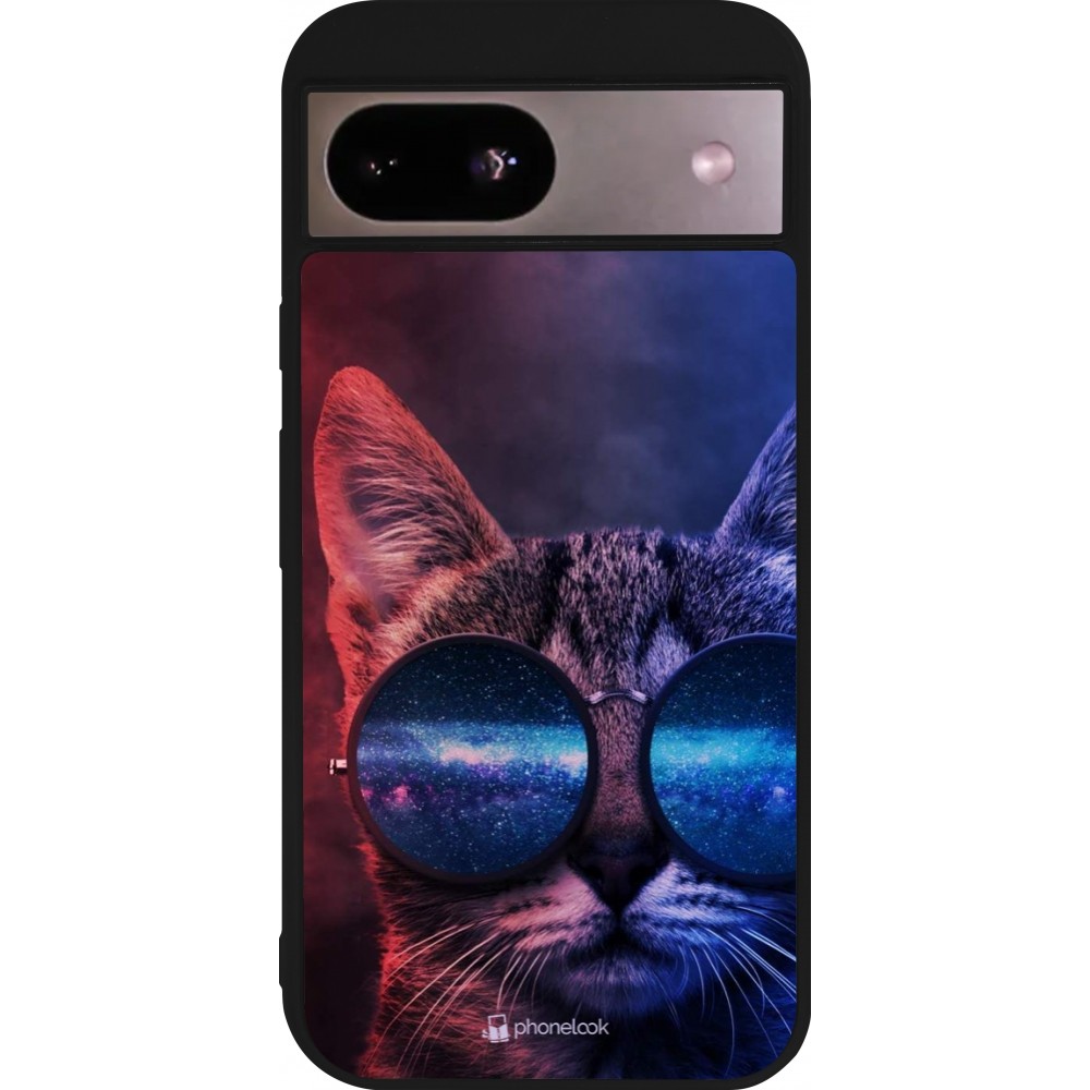 Coque Google Pixel 8a - Silicone rigide noir Red Blue Cat Glasses