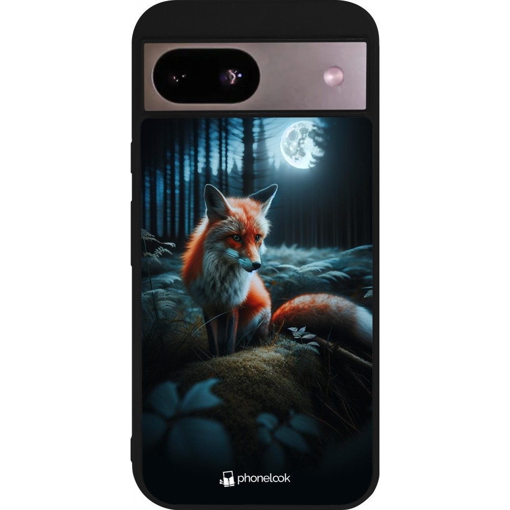 Coque Google Pixel 8a - Silicone rigide noir Renard lune forêt