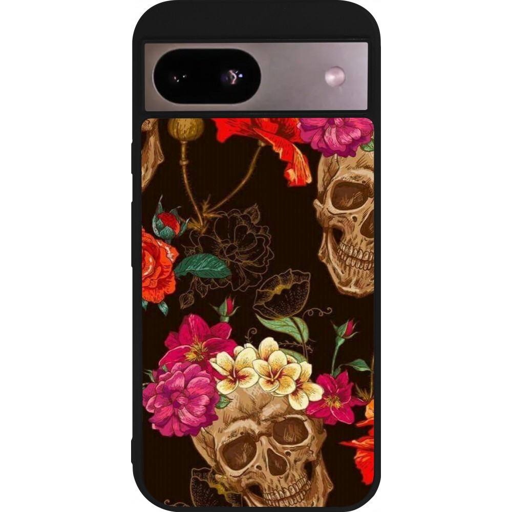 Coque Google Pixel 8a - Silicone rigide noir Skulls and flowers