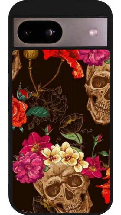 Coque Google Pixel 8a - Silicone rigide noir Skulls and flowers