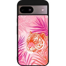 Coque Google Pixel 8a - Silicone rigide noir Tigre palmiers roses