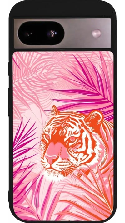 Coque Google Pixel 8a - Silicone rigide noir Tigre palmiers roses