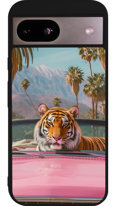 Coque Google Pixel 8a - Silicone rigide noir Tigre voiture rose