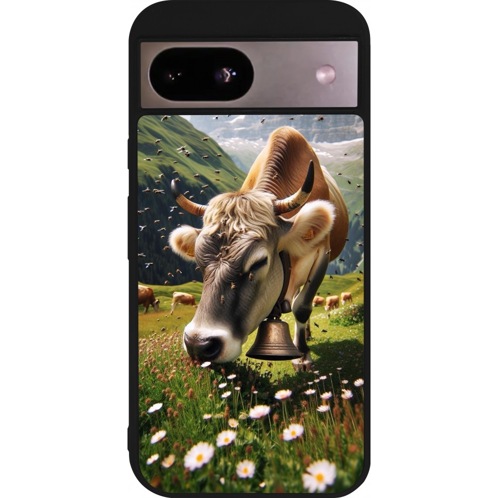 Coque Google Pixel 8a - Silicone rigide noir Vache montagne Valais