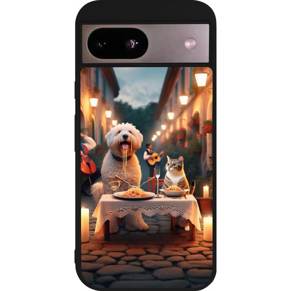 Coque Google Pixel 8a - Silicone rigide noir Valentine 2024 Dog & Cat Candlelight