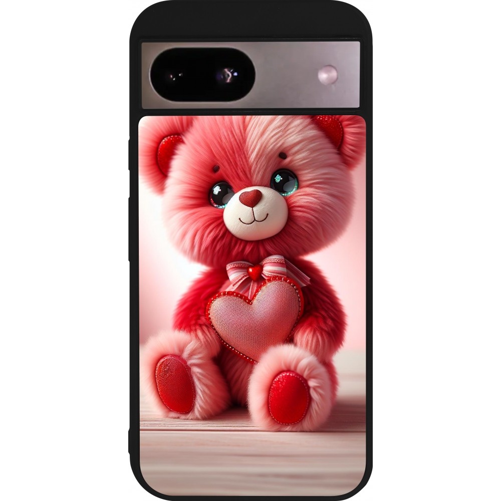 Coque Google Pixel 8a - Silicone rigide noir Valentine 2024 Ourson rose